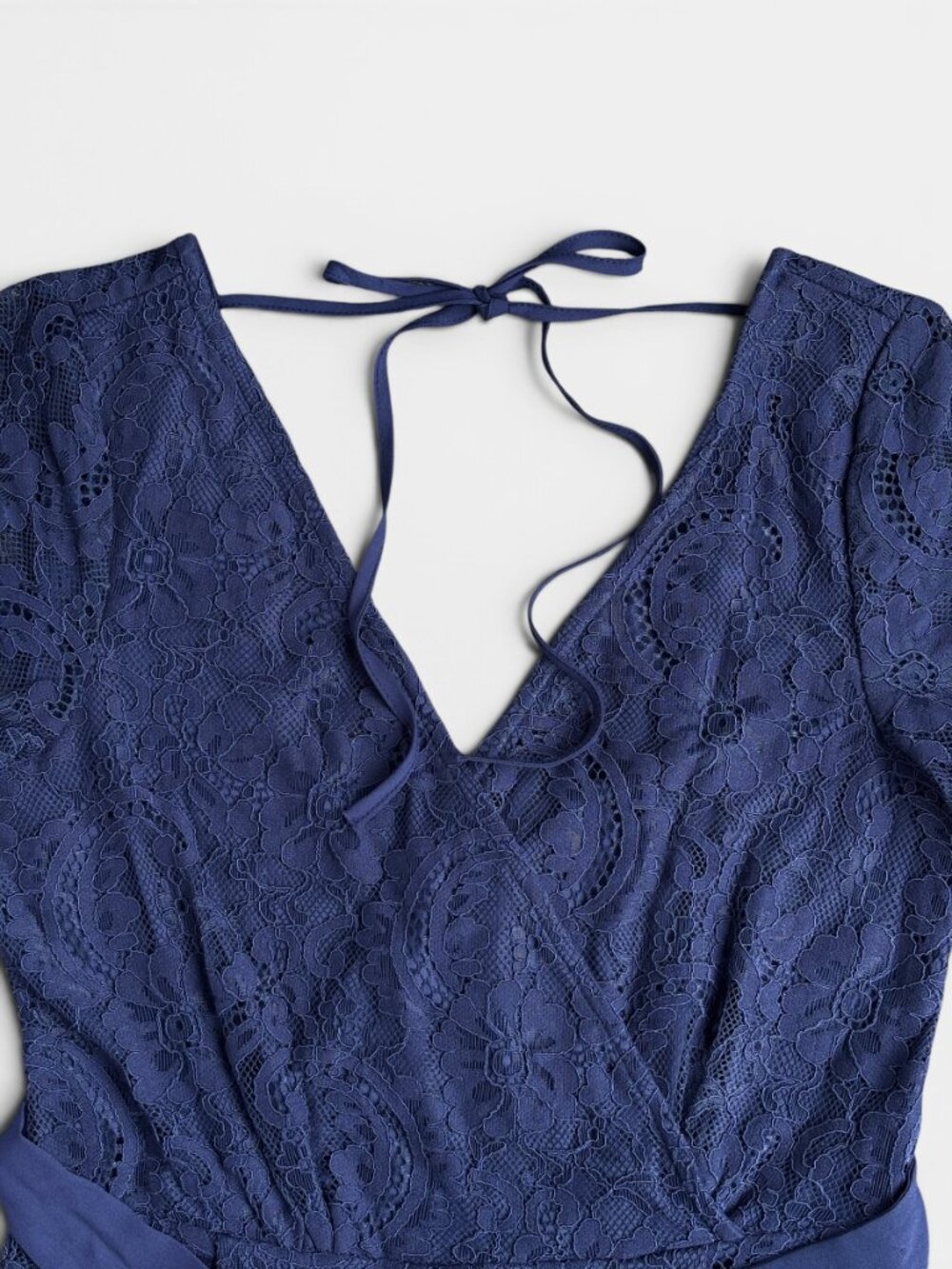 Blue Rain Navy Blue Lace Romper Wrap Front Tie Waist Flutter Sleeve Size Small - Picture 6 of 16